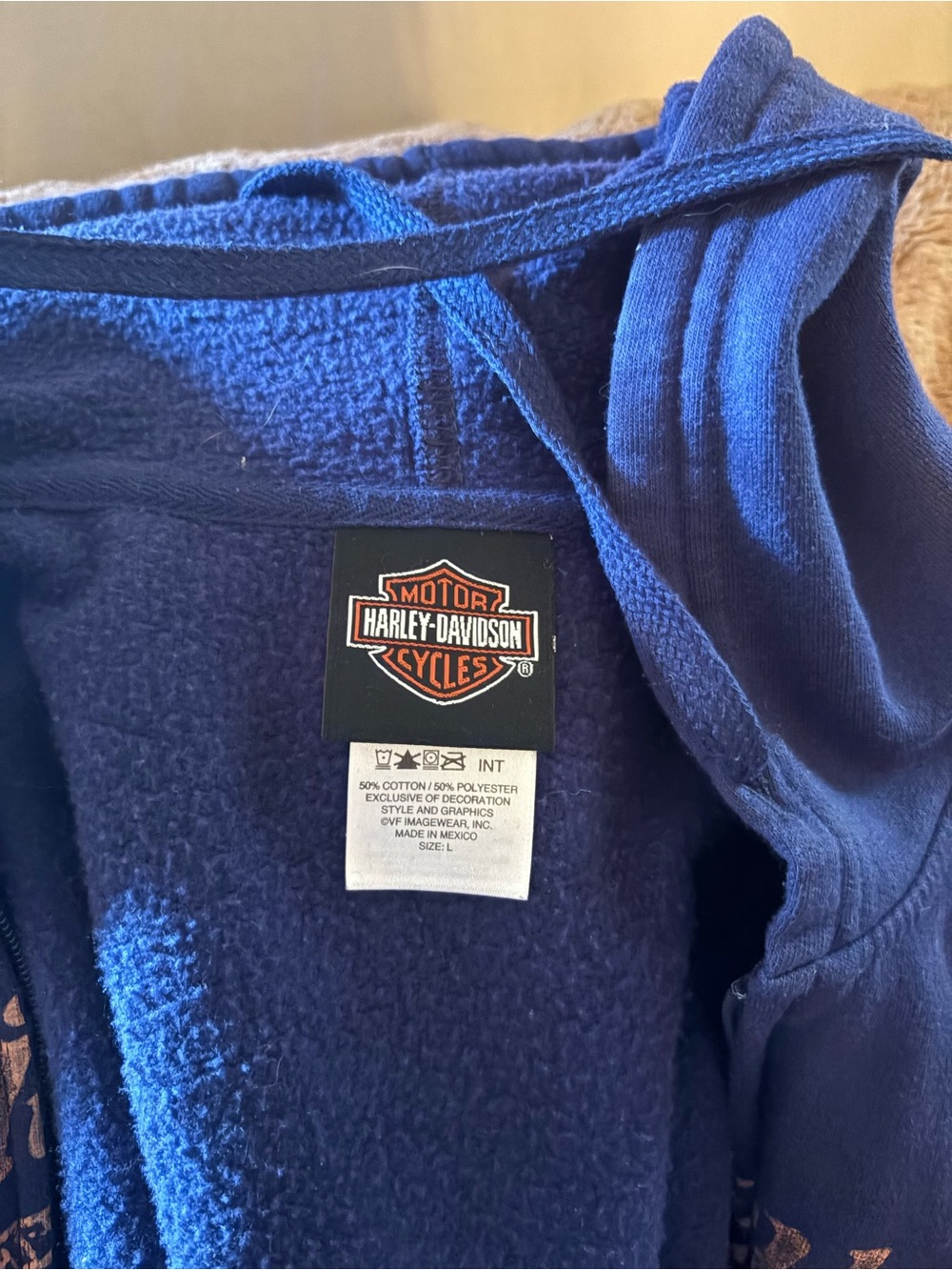 Harley-Davidson Blue Hoodie with Light Tan Logo - Big Moose Portland Maine - Picture 4 of 4